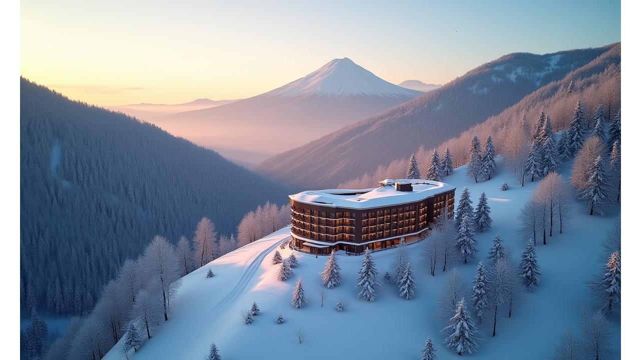 北海道ニセコの壮大な山々とSora Peak Hotelのドローンショット